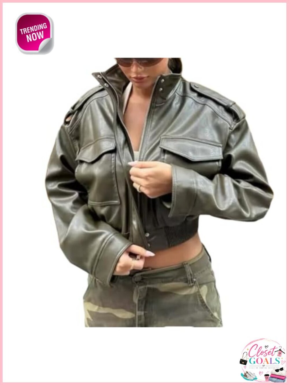 Faux Leather Cropped Moto Jacket Stand Collar Zip Snap Pockets